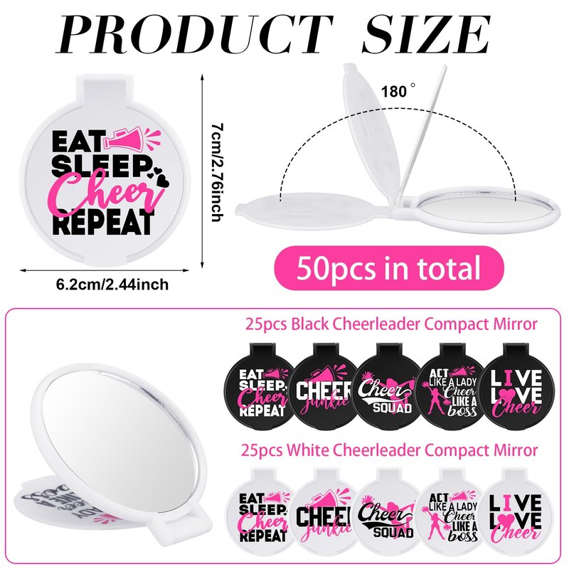 Wenqik 50 Pcs Cheerleader Mirror Gifts Bulk Cheerleading Compact Mirror Cheer Party Favors Folding Pocket Portable Makeup Mirrors for Football Rugby Game Team Friendship Gift(Pink Cheer)