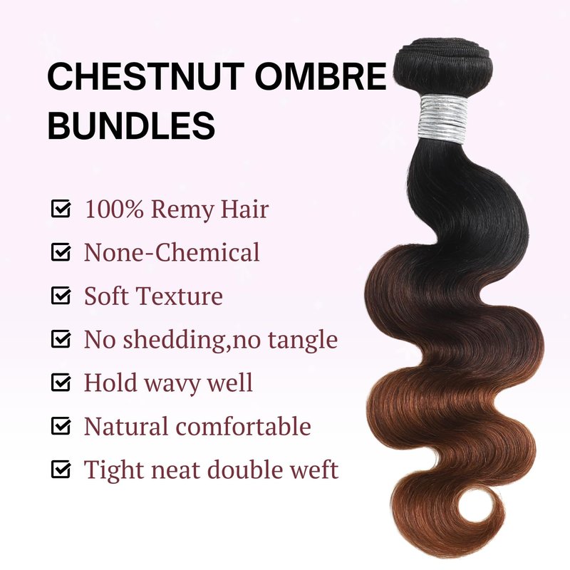 ANMETAN Dark Brown Ombre Body Wave Bundles Human Hair, Thick 12A Chestnut Brown T1B/2/30 3 Tone Ombre Color Human Hair Single Bundle with Dark Root 100% Remy Hair Bundle Keep Soft after Washes 16 Inch