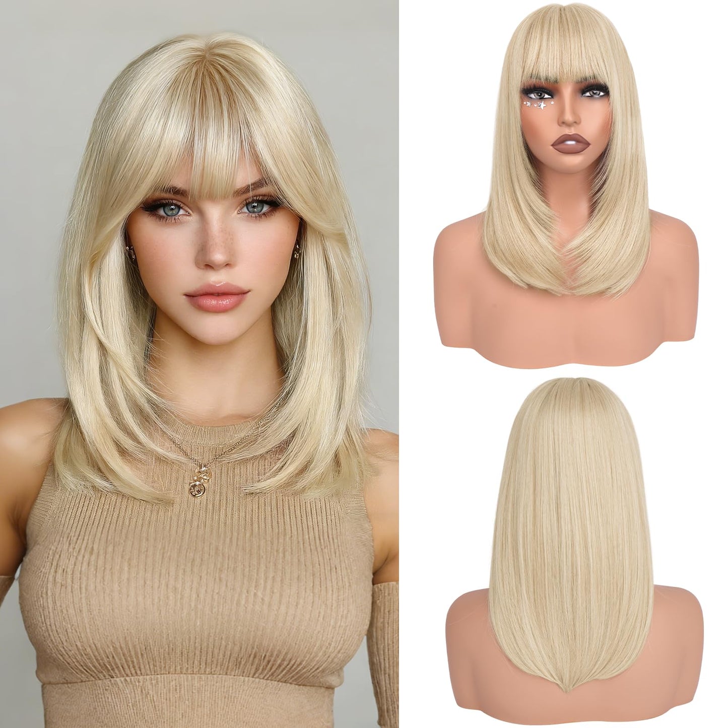 Haloo Blonde Bob Wigs with Bangs Shoulder Length Straight Natural Looking Synthetic Heat Resistant Medium Hair Wigs for Women Daily Party, 16 Inch Platinum Blonde