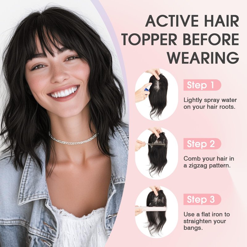 TESS Hair Topper Real Human Hair Toppers for Women with Thinning 11 Inch 360° Cover Clip in with Bangs Upgrade Lace Base Daily Wear, Nature Black
