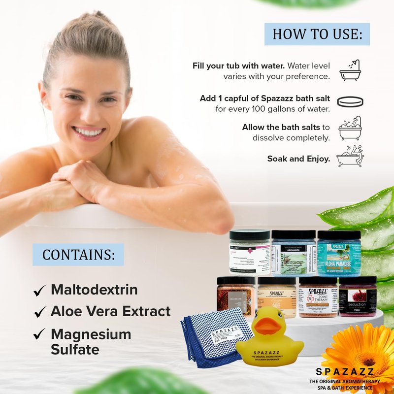 Spazazz Hot Tub Aromatherapy Gift Bundle- Seven- 4 Oz Spazazz Hot Tub Aromatherapy Bath Salt Crystals Sampler Jars Plus Hot/Cold Towel and Rubber Duck - Seven Distinct Scents of Bath and Spa Salts