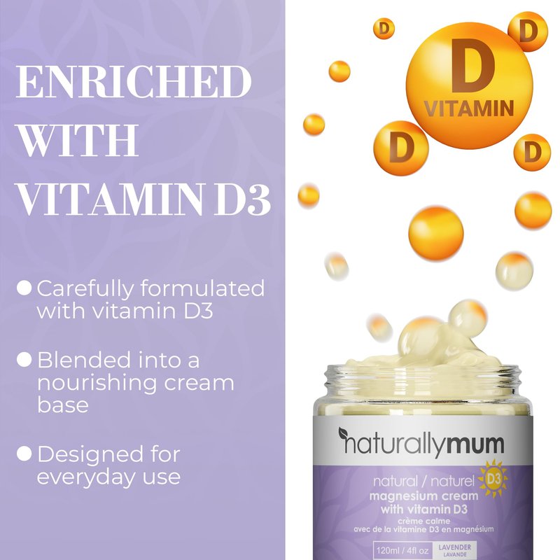 NaturallyMum Magnesium Calm Cream with Vitamin D3 & Lavender – Natural Magnesium Body Cream for Relaxation, Hydrating Skin Care & Bedtime Self Care – Vegan Friendly – 4 Fl oz