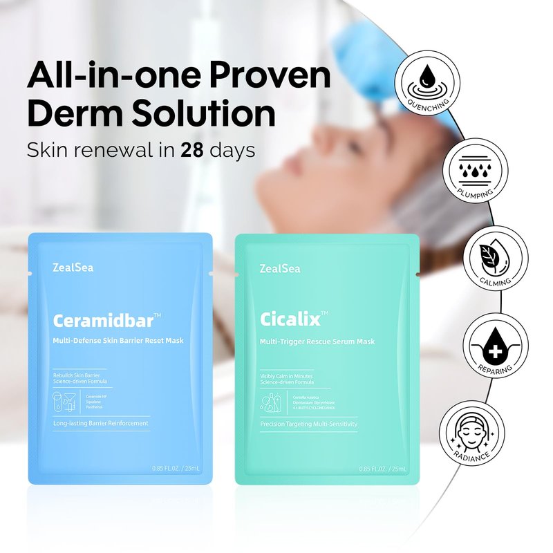 ZealSea Cicalix & Ceramidbar Face Masks Skincare Set, Derm Solution Sheet Mask for Multi-Trigger Sensitivity, Soothing & Calming, Strengthen & Restore Skin, Facial Mask with Cica & Ceramide, 16 Pack