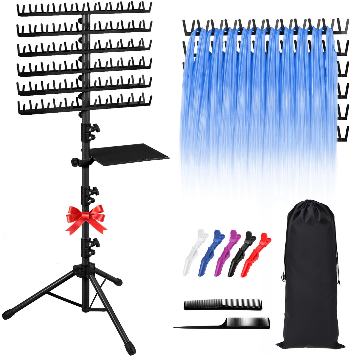 Klvied 144 Pegs Braiding Hair Rack Standing, Height Adjustable Hair Holder for Braiders with Accessory Tray & Carrying Bag, Heavy Duty Rolling Hair Organizer for Salon & Home (48.2"-62.9"), Black