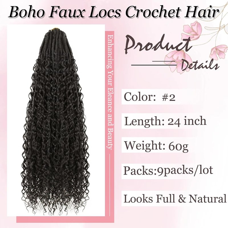 Boho Faux Locs Crochet Hair - 24 Inch Soft Goddess Locs with Curly Ends | 9 Packs, Color #2
