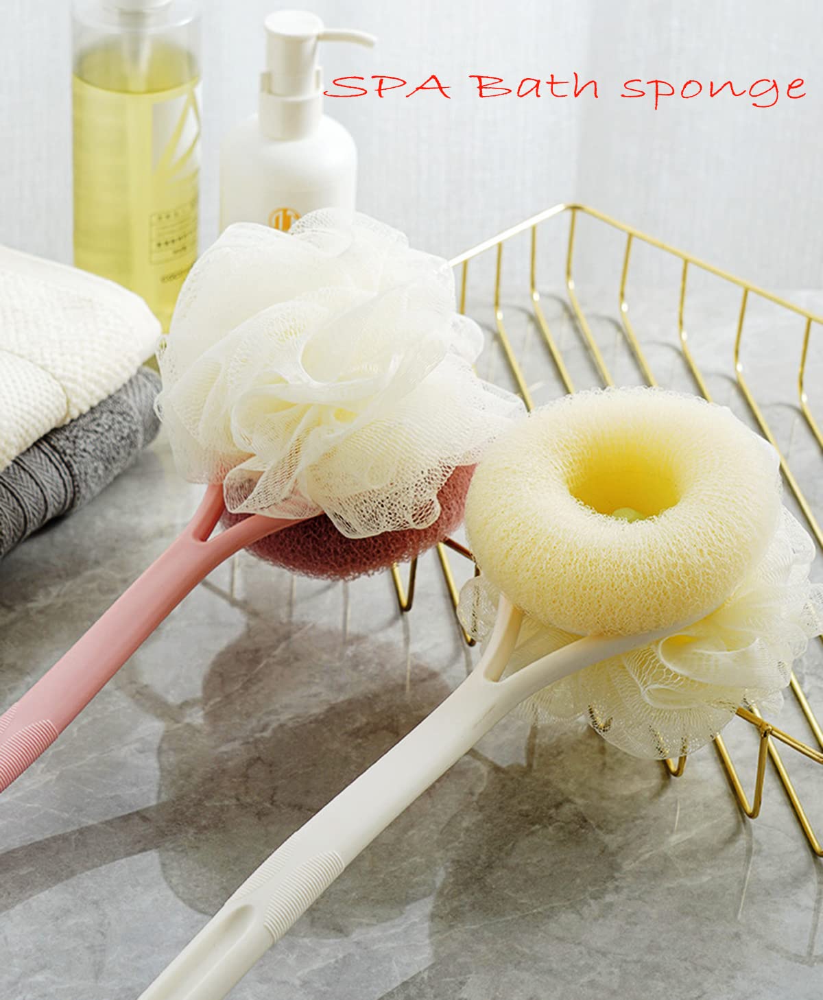 AARainbow 2 Packs Shower Body Brush with Bristles and Loofah, Back Scrubber Mesh Sponge with Curved Long Handle for Skin Exfoliating Bath, Massage Bristles Suitable for Men and Women (1Gray+1Pink)