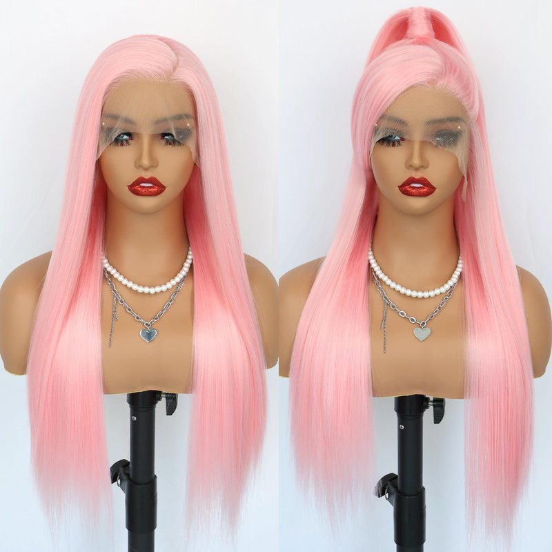 Oxeely Light Pink Synthetic Lace Front Wigs Long Straight Hair Pink Lace Wigs Natural Hairline Pre Plucked Glueless Synthetic Lace Wigs Heat Resistant Fiber Hair Light Pink Wigs for Women Daily Wear