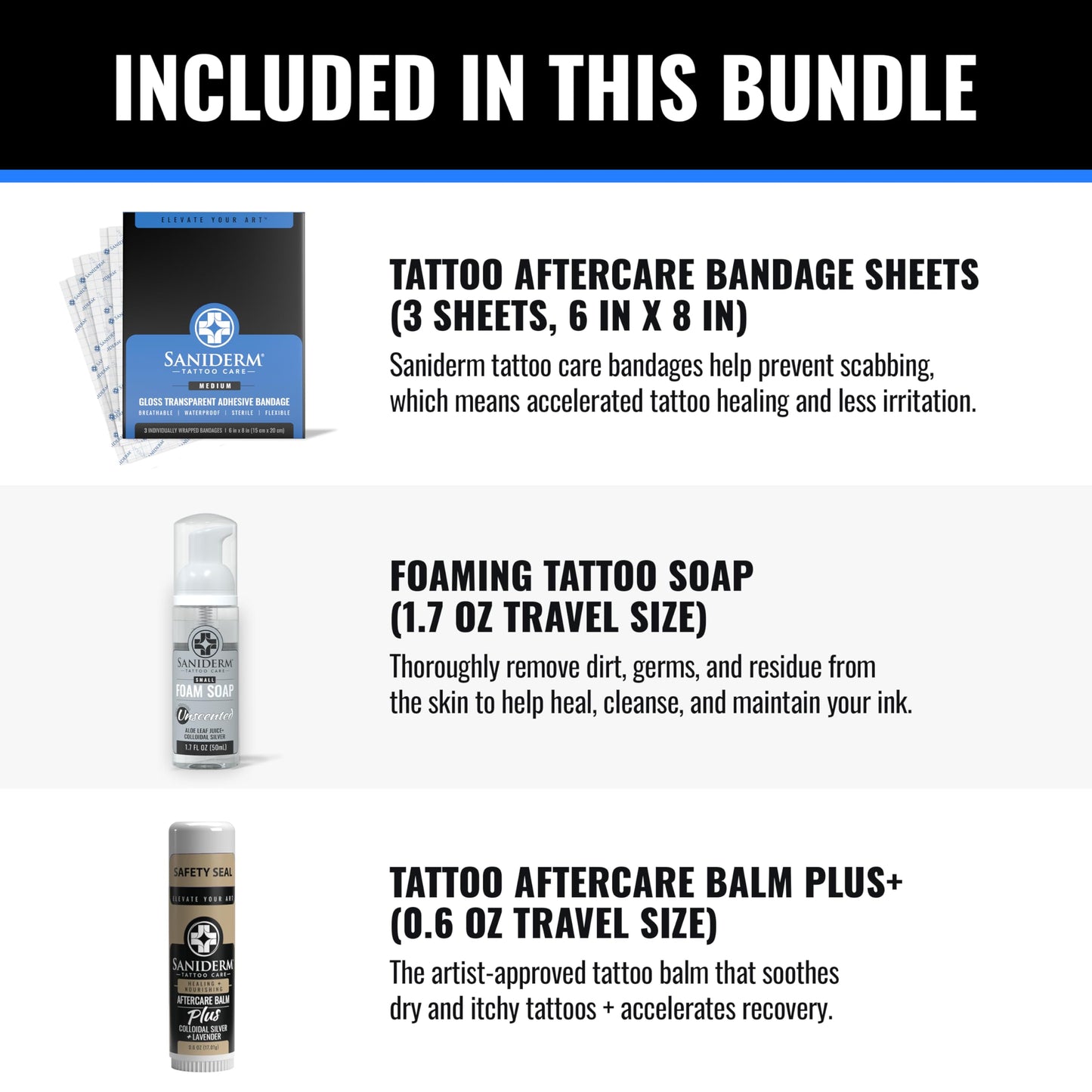 Saniderm Tattoo Recovery Bundle (3 Items) – Aftercare Bandage Sheets (6 in x 8 in) + Foaming Soap (1.7oz) + Aftercare Balm Plus+ (0.6 oz)