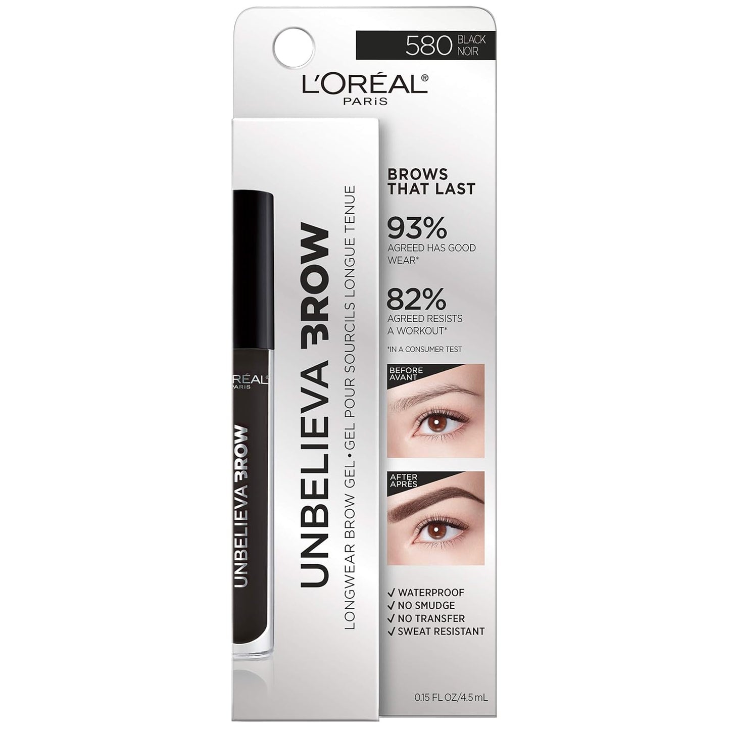 L'Oreal Paris Unbelieva-Brow Waterproof Tinted Brow Gel - Smudge-Resistant, Quick Drying, Black, 0.15 fl. oz.