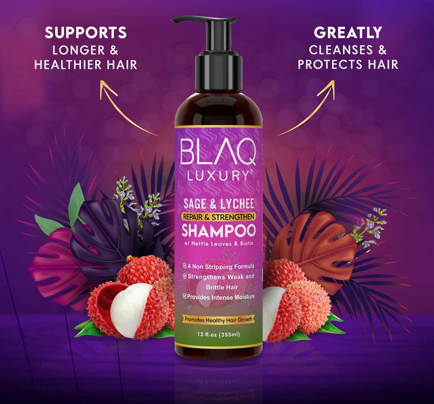 Blaq Luxury Sage & Lychee Repair and Strengthen Shampoo - Infused with Biotin and Nettle - Sulfate-Free Formula for All Hair Types - Promotes Hair Repair, Growth, and Scalp Health - 12 fl oz
