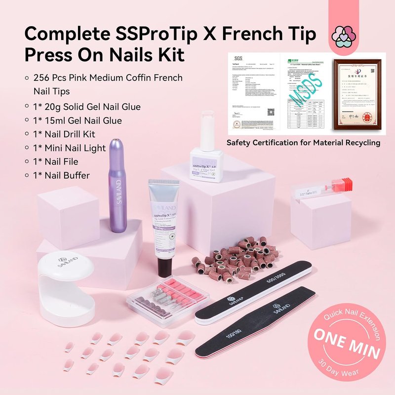 SAVILAND Gel Nail Kit - 16 Sizes French Tips Press-On Nails with Drill & UV Lamp | Coffin Shape Soft Gel