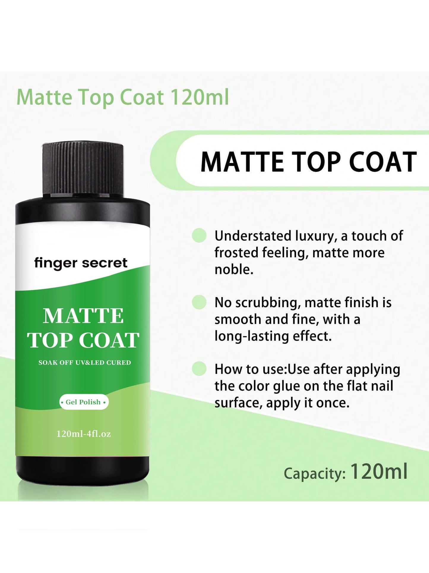finger secret 120ml/4floz Matte Top Coat for Gel Nail Polish,Fashion Matte Nail Polish,Nail Supplies for DIY in Salon or Home Use.