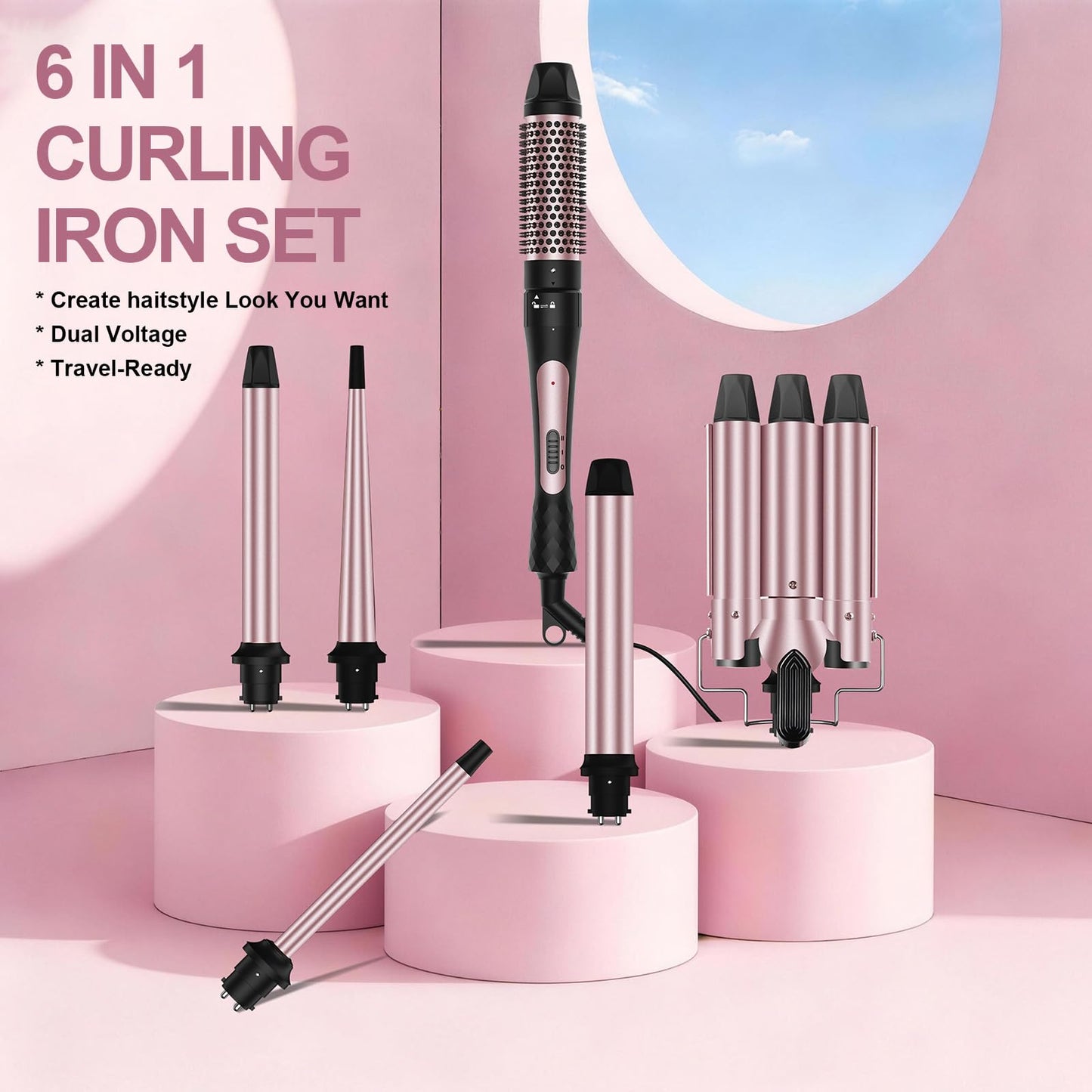 6 in 1 Wand Curling Iron Set, 3 Barrel Curling Wand Set with Thermal Brush (1.5") and 5 Interchangeable Ceramic Hair Wand Curler (0.35"-1.25"), Home Travel Multi Curl, 2 Temp 30S Instant Heat Up