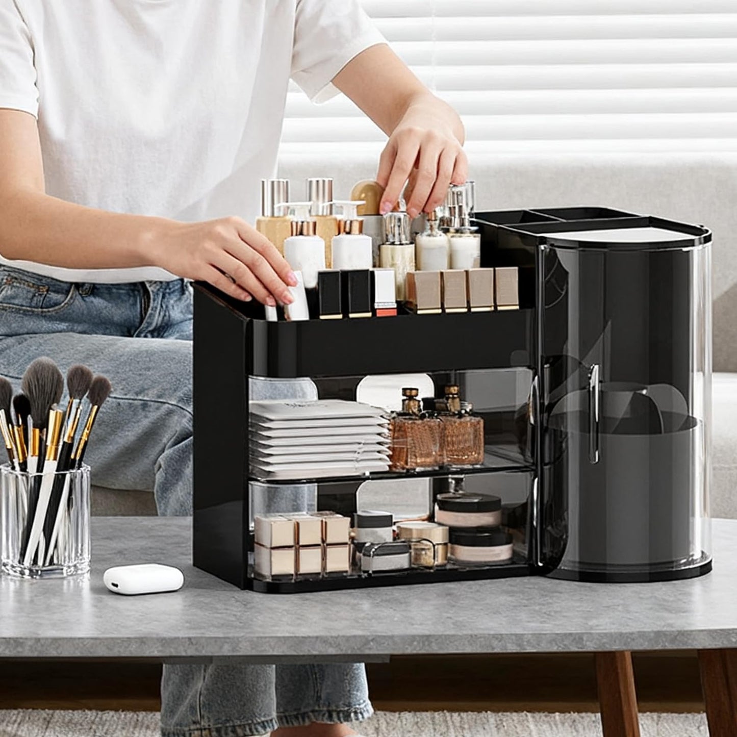 Makeup Storage Box Mesh, Makeup Organizer For Vanity, Cosmetic Display Cases With Transparent Cover, Drawers, Dustproof, Portable Handle, For Vanity, Dresser, Countertop (Blak)
