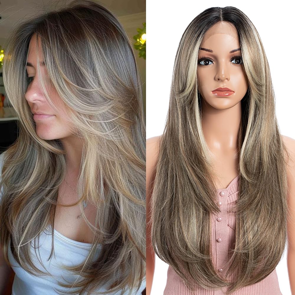 Joedir HAIR Layered Synthetic Lace Front Wig for Women with Curtain Bangs 24 inch Highlight Ash Brown Skunk Stripe Wig for Daily Party Cosplay (Color:NTSA4/10/23B/613C)