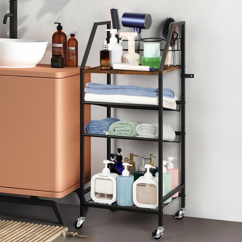 OYEAL Bathroom Storage Cart with Wheels Rolling Bathroom Shelves Slim Freestanding Bathroom Towel Storage Organizer with Hair Tool Holder for Small Spaces, Rustic Brown