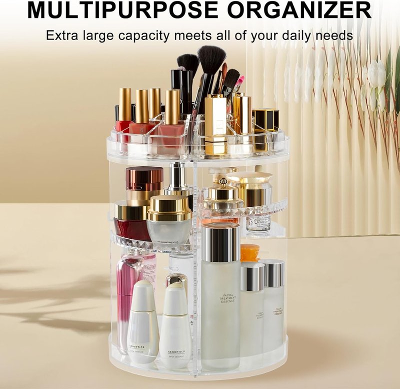 Makeup Organizer - 360° Rotating Adjustable Cosmetic Storage Display Case | 8 Layers, Large Capacity, Clear