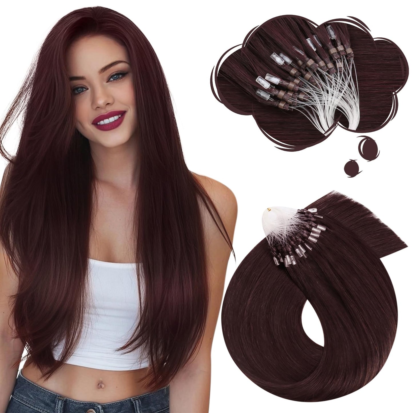 Moresoo Micro Link Hair Extensions Human Hair Dark Burgundy Micro Loop Hair Extensions Human Hair 18 inch Add Length Micro Extensions Human Hair for Women 50g