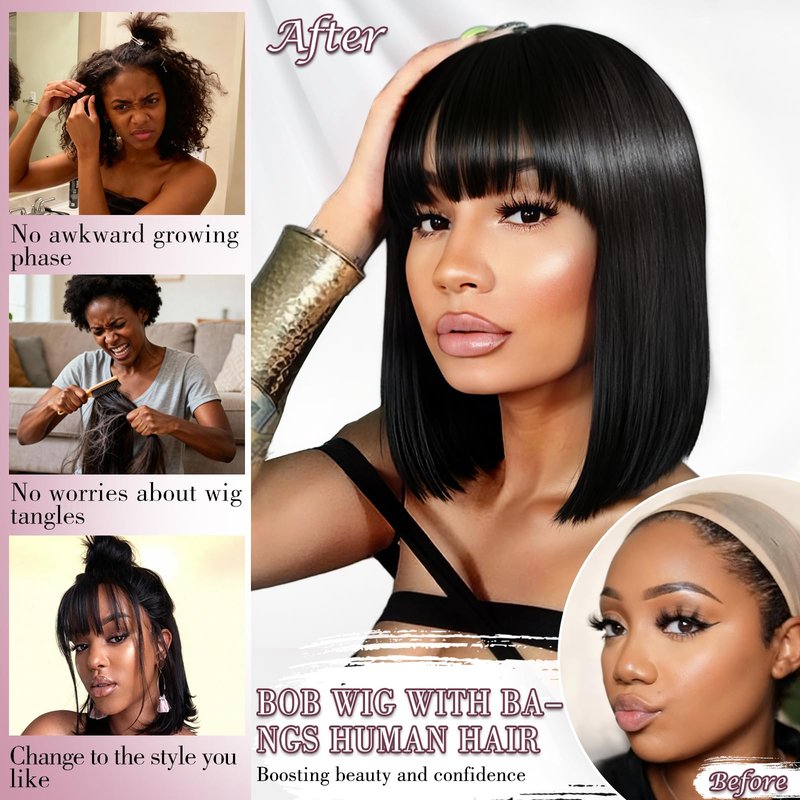 ZHENGON Bob Human Hair Wig with Bangs Silky Straight Glueless Wigs Human Hair 150% Density Black Bob Wig with Bangs None Lace Machine Made Wigs for Black Women 10Inch