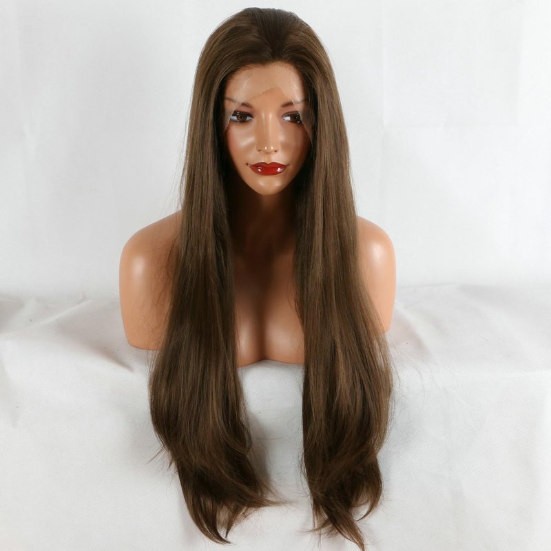 Brown Lace Front Wig for Women - High Density Silky Straight 24" Dark Brown Glueless Heat Resistant Synthetic Wig