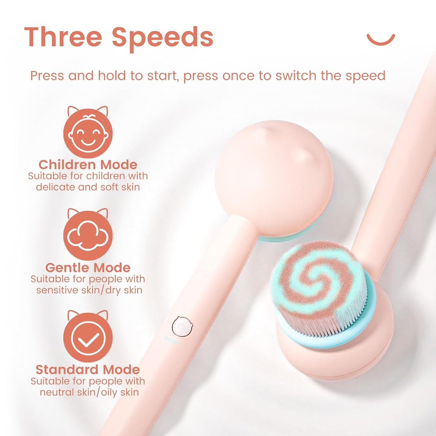 Electric Back Scrubber - Waterproof Rechargeable Body Brush with 3 Speed Modes | 2 Heads for Kids & Adults - Pink
