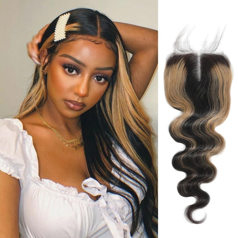 AUROO #27 Skunk Stripe 4x4 Lace Closure Only Human Hair Body Wave, 12A Honey Blonde Highlight HD Transparent Lace Closure Free Part with Baby Hair Ombre Closure 100% Virgin Hair (150% Density 10 Inch)