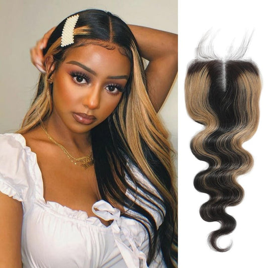 AUROO #27 Skunk Stripe 4x4 Lace Closure Only Human Hair Body Wave, 12A Honey Blonde Highlight HD Transparent Lace Closure Free Part with Baby Hair Ombre Closure 100% Virgin Hair (150% Density 10 Inch)