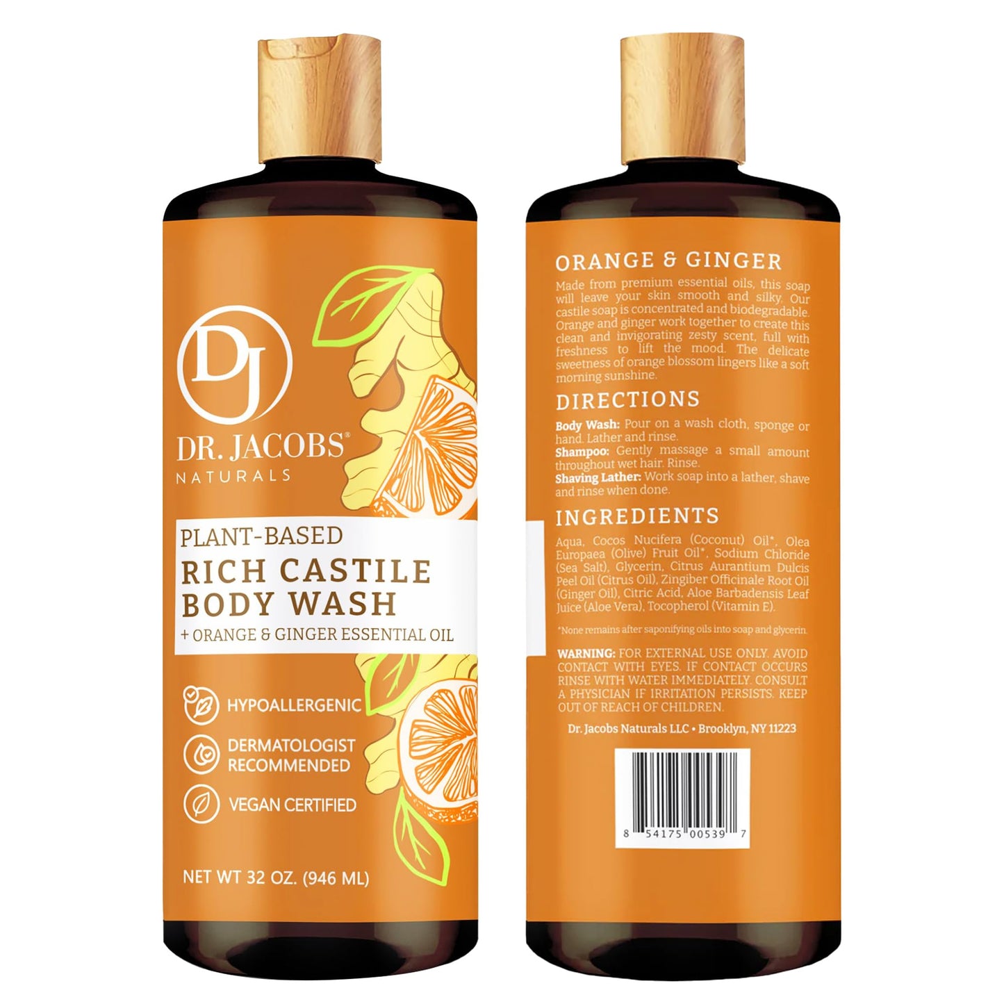 Dr. Jacobs Naturals Pure Castile Soap Liquid Body Wash, Orange & Ginger - Plant Based Soap Infused with Vitamin E & Aloe Vera to Moisturize Dry and Sensitive Skin - Made in The USA - 32 oz, Pack of 1