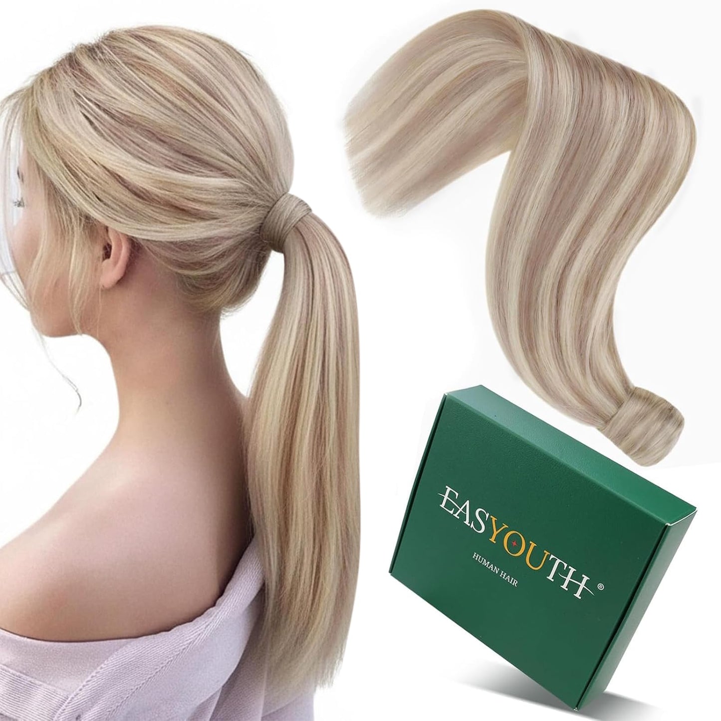 Easyouth Ponytail Extension Human Hair, 12 Inch 70G, Blonde Pony Tail Extensions, Ash Blonde Highlighted Bleach Blonde, Natural Hair Ponytail Human Hair for Women, Add Volume