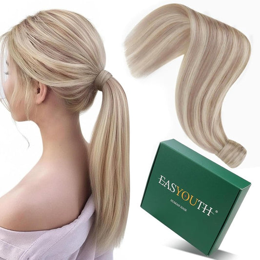 Easyouth Ponytail Extension Human Hair, 12 Inch 70G, Blonde Pony Tail Extensions, Ash Blonde Highlighted Bleach Blonde, Natural Hair Ponytail Human Hair for Women, Add Volume