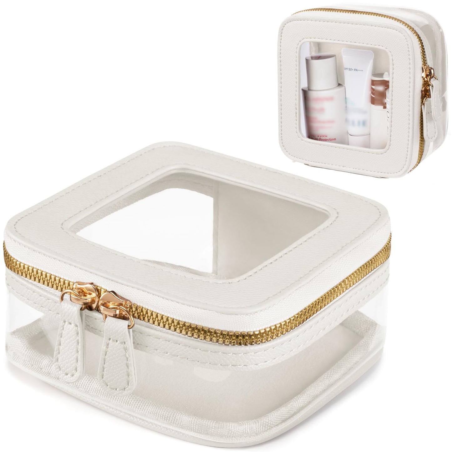 Oaque Clear Cosmetic Bag Set for Women Makeup Bag with Handle, TSA Travel Toiletry Bag Transparent Cosmetic Case Portable Make Up Organizer Bag for Essentials (White, Mini+S)