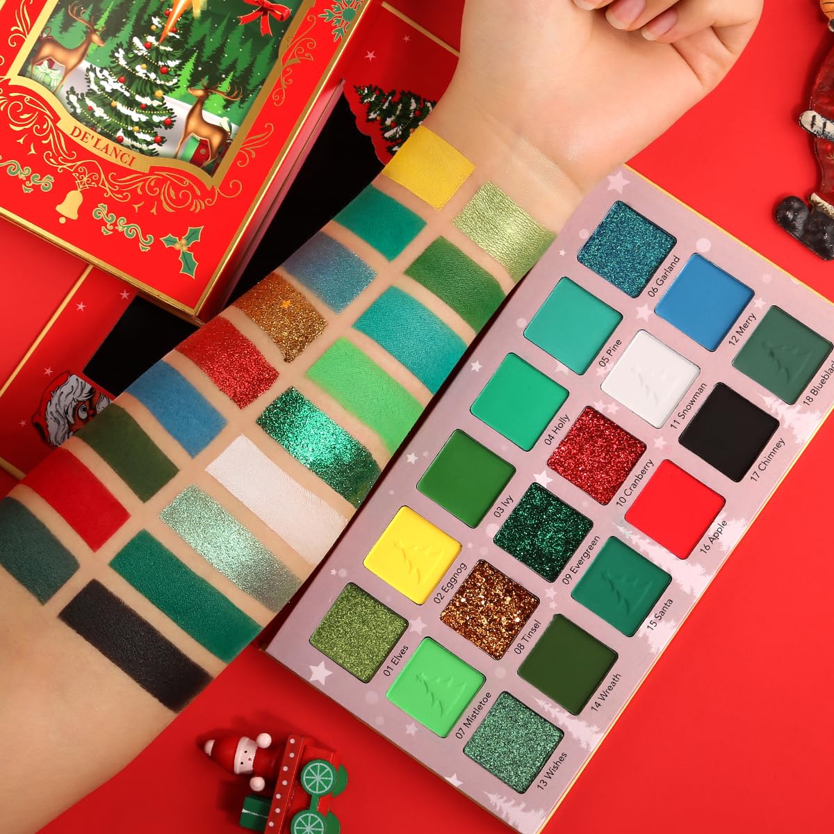 Green Red Eyeshadow Palette, Pigmented Matte Shimmer Christmas Makeup Pallet for Grinch, Shrek Makeup, 18 Colors Long Last Emerald Green Glitter Eye Shadow Palette for Festival, Party, Themed Make up