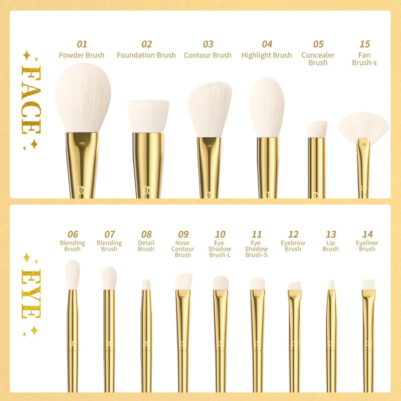 DUcare 15 Piece Professional Makeup Brush Set, Silver-Gold Radiance Synthetic Brushes for Full Face & Eye, Complete Cosmetic Kit with Reusable Storage Holder