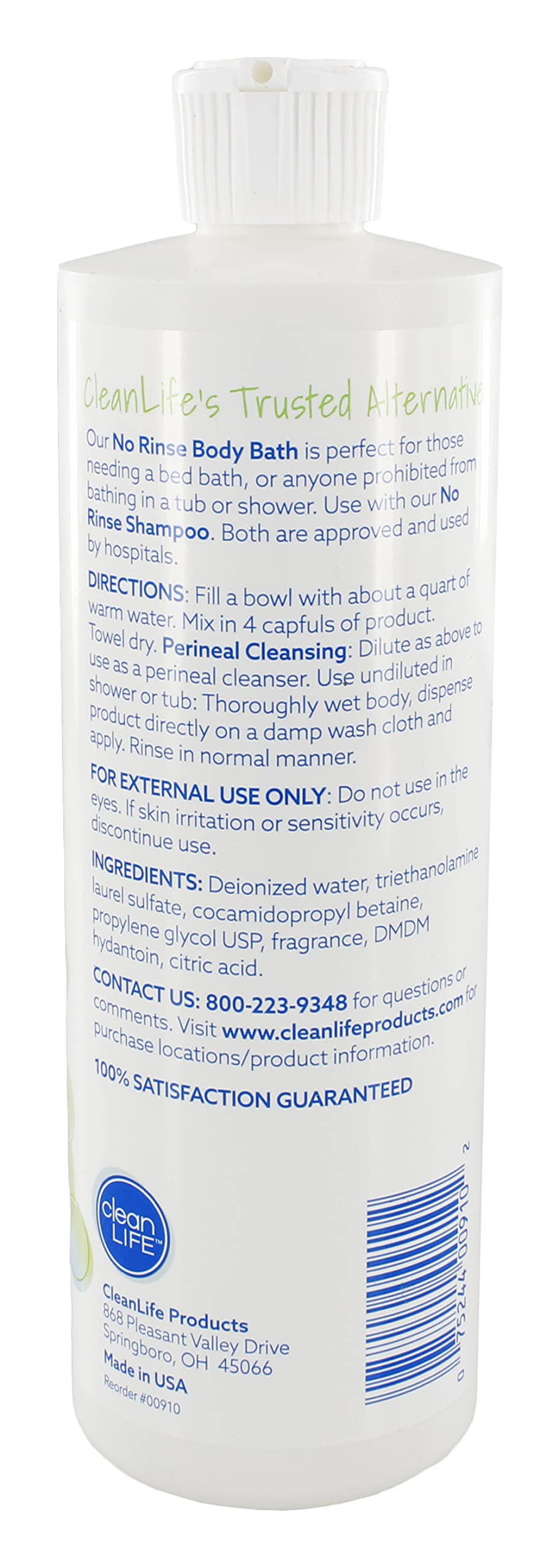 No-Rinse CleanLife Products Body Bath, 16 fl oz (Pack of 3, Makes 48 Complete Baths) – Gentle, Concentrated Liquid Body Wash Made in USA – Ideal for Post-Surgery, Elderly Care, Camping, and Travel