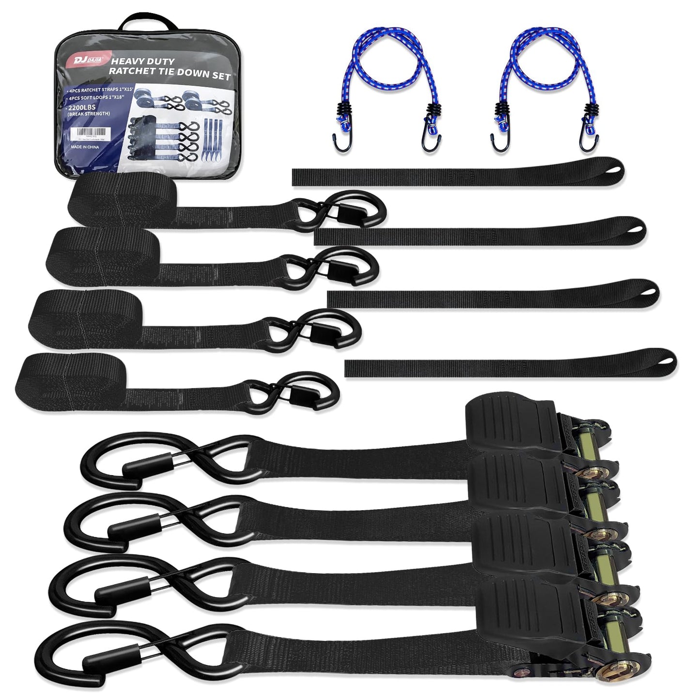 Motorcycle Tie Down Straps 1" x15' (4-Pack), Waterproof Carry Bag 2200lb Break Strength with Soft Loops & Coated S-Hooks for Truck, Trailer, ATV, UTV, Boat (Black)