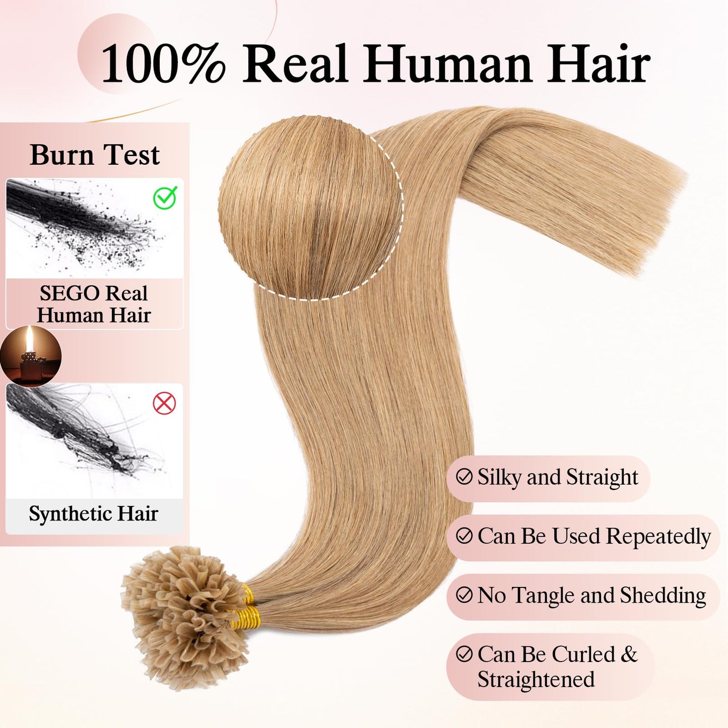 SEGOHAIR U Tip Hair Extensions Human Hair Pre Bonded Extensions Keratin Fusion Extensions K Tip Hair Extensions Real Human Hair Silky Straight Natural 50g/100 Stands 14" Light Brown