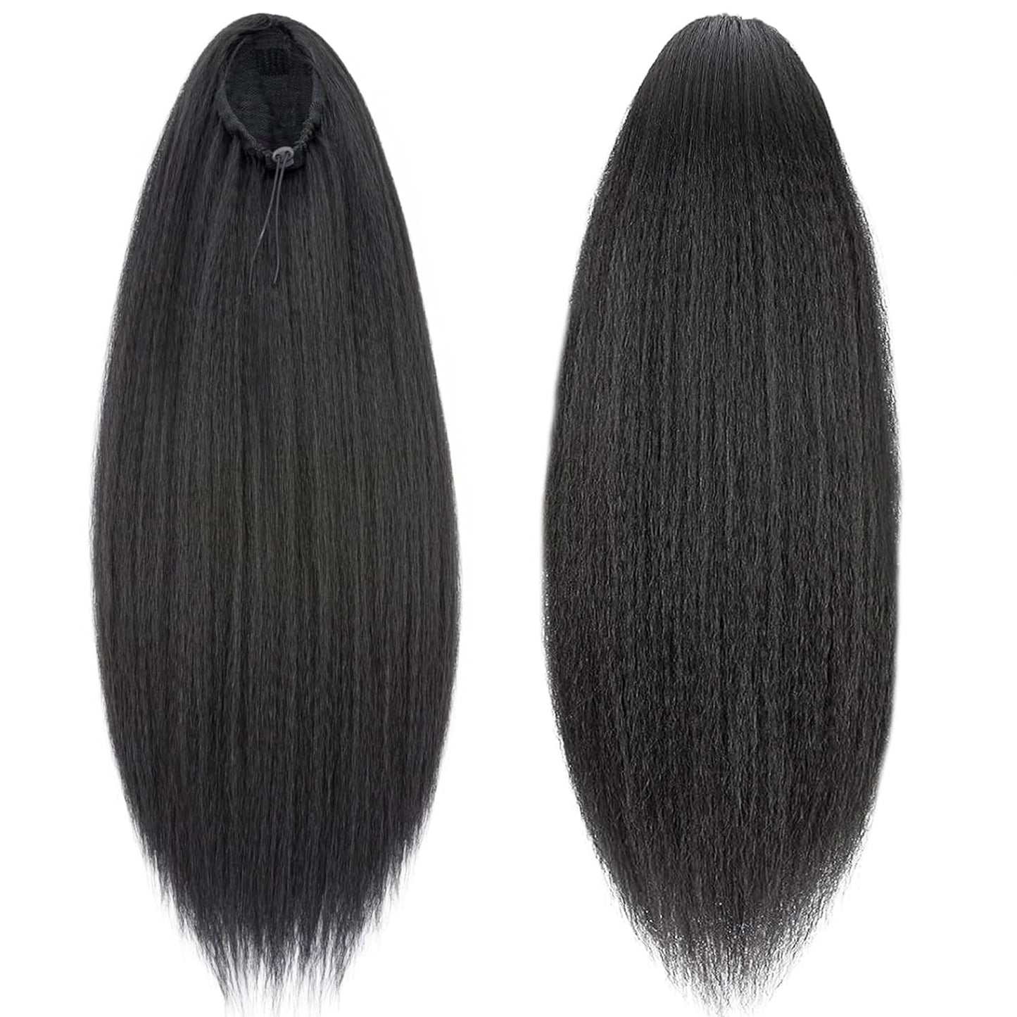 Yaki Straight Ponytail Extension, Wrap Around Ponytail Extension for Black Women, Yaki Human Hair Extension, Natural Black (Drawstring ponytail, 24 inch)