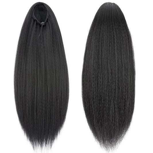 Yaki Straight Ponytail Extension, Wrap Around Ponytail Extension for Black Women, Yaki Human Hair Extension, Natural Black (Drawstring ponytail, 24 inch)