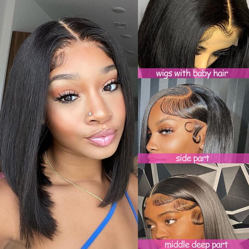 Karlami Bob Wig Human Hair Straight HD Lace Front Bob Wigs for Black Women Human Hair Pre Plucked Glueless Side Part Middle Part C Part 150% Density Human Hair Natural Black 13X6 12 Inch