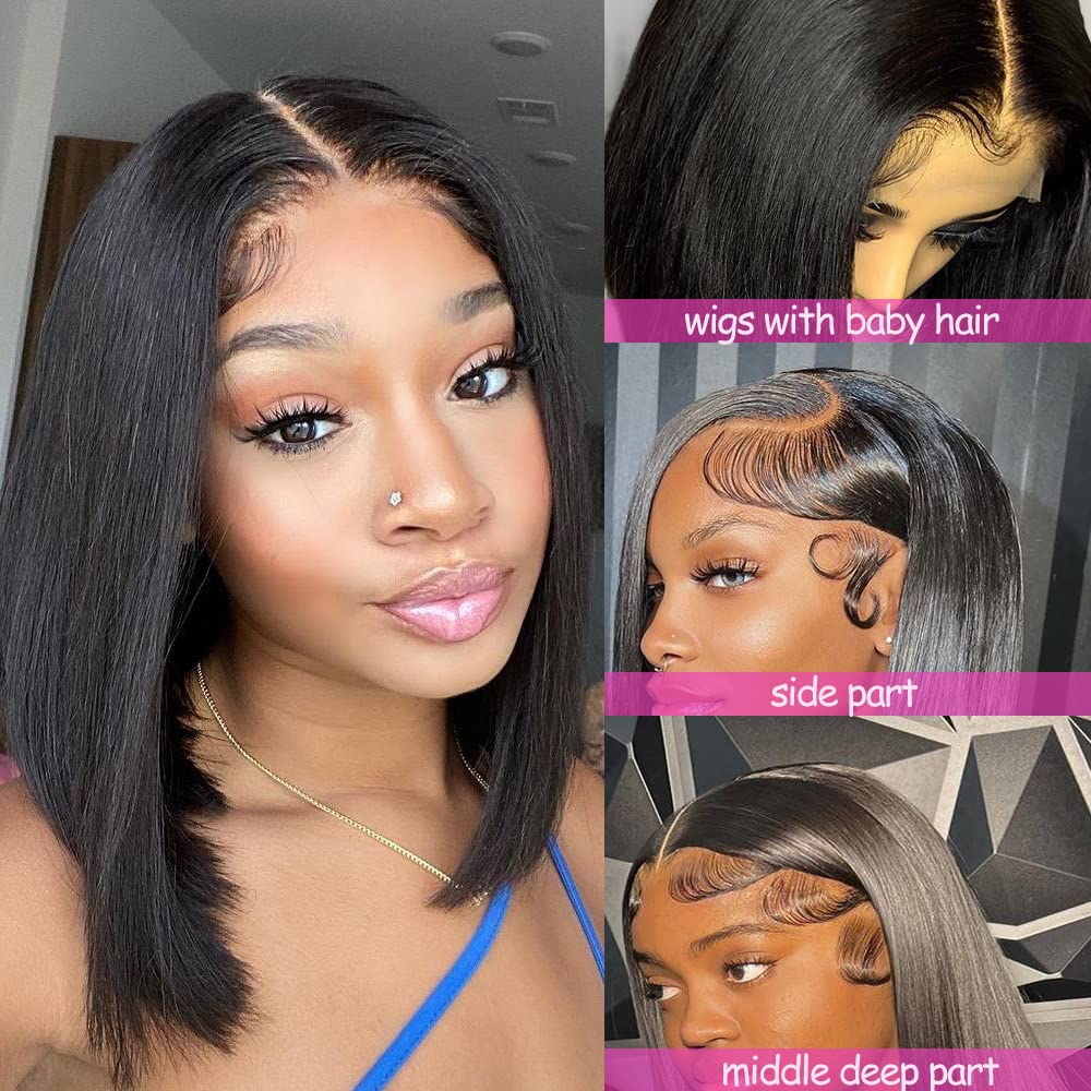 Bob Wig Human Hair 13x6 HD Lace Front Wigs Human Hair 180% Density Straight Lace Front Bob Wigs for Black Women Pre Plucked Pre Cut 100% Brazilian Virgin Real Hair Glueless Wigs Black Color 12 Inch