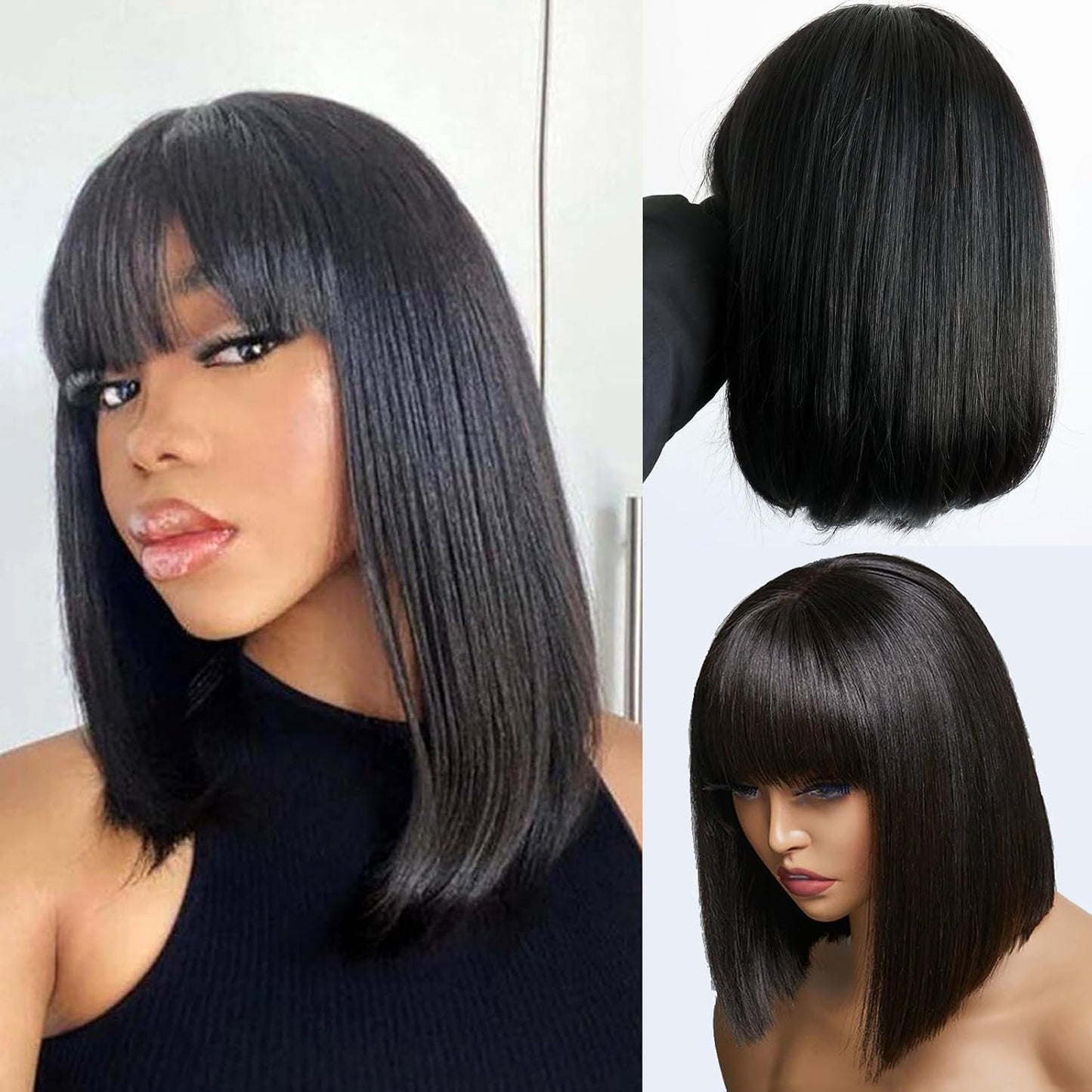 Msviki Short Curly Pixie Cut Wigs with Bangs Human Hair for Black Women Non Lace Full Machine Made Cap Human Hair Pixie Wig Brazilian Virgin Glueless Bob Wig Short Layered Wigs For Women