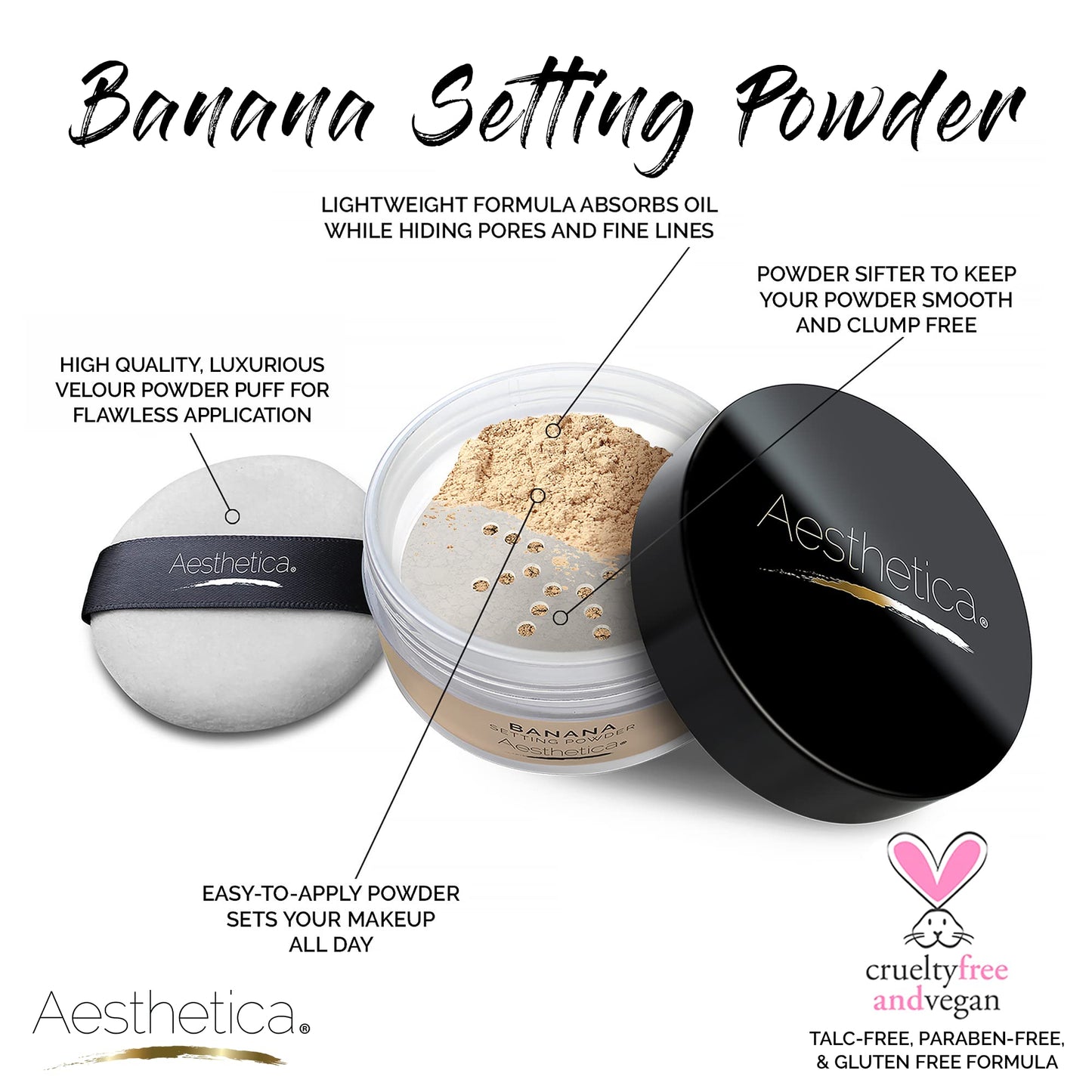 Aesthetica Setting Powder – Matte Finishing Makeup Loose Setting Powder – Flash Friendly Powder Foundation - Loose Face Powder Includes Velour Puff