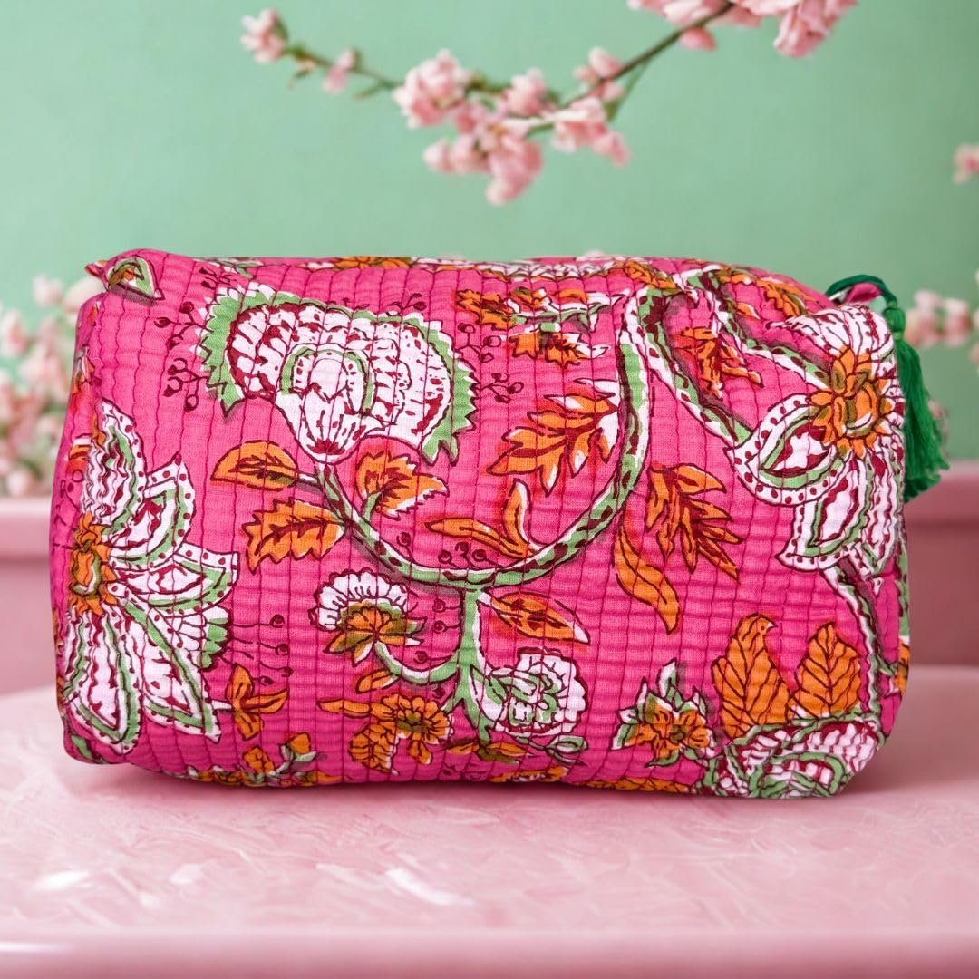 AAVIANA Block Print Designer Toiletry Bag & Makeup Case - Boho Floral Quilted Pouch for Cosmetics, Skincare - Waterproof Lined Organizer for Purse, Travel, Gift Medium (7x5x4 inches) Multi 1