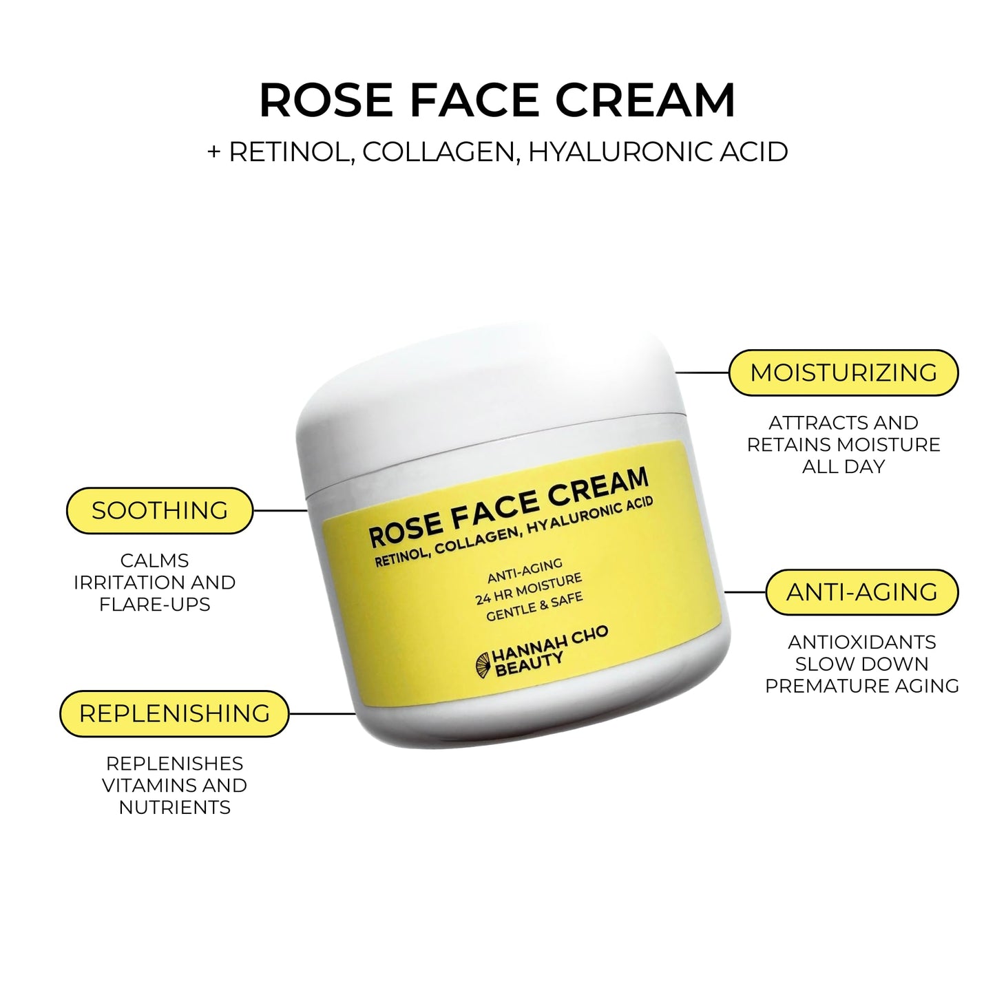 Rose Face Cream with Rosehip Seed Oil, Retinol, Collagen, Hyaluronic Acid - Anti-Aging 24 Hour Moisturizer for Dry & Sensitive Skin - Gentle Daily Skincare