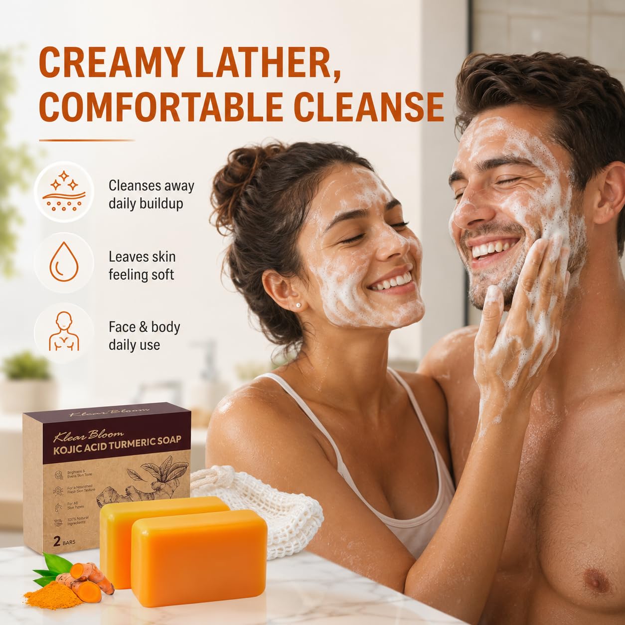 KlearBloom Kojic Acid Soap, Turmeric Soap Bar for Dark Spots Brightening & Moisturizing with Collagen, Vitamin E, Retinol, Hyaluronic Acid, Shea Butter, Paraben & Sulfate-Free 105g x4 Bars With Holder