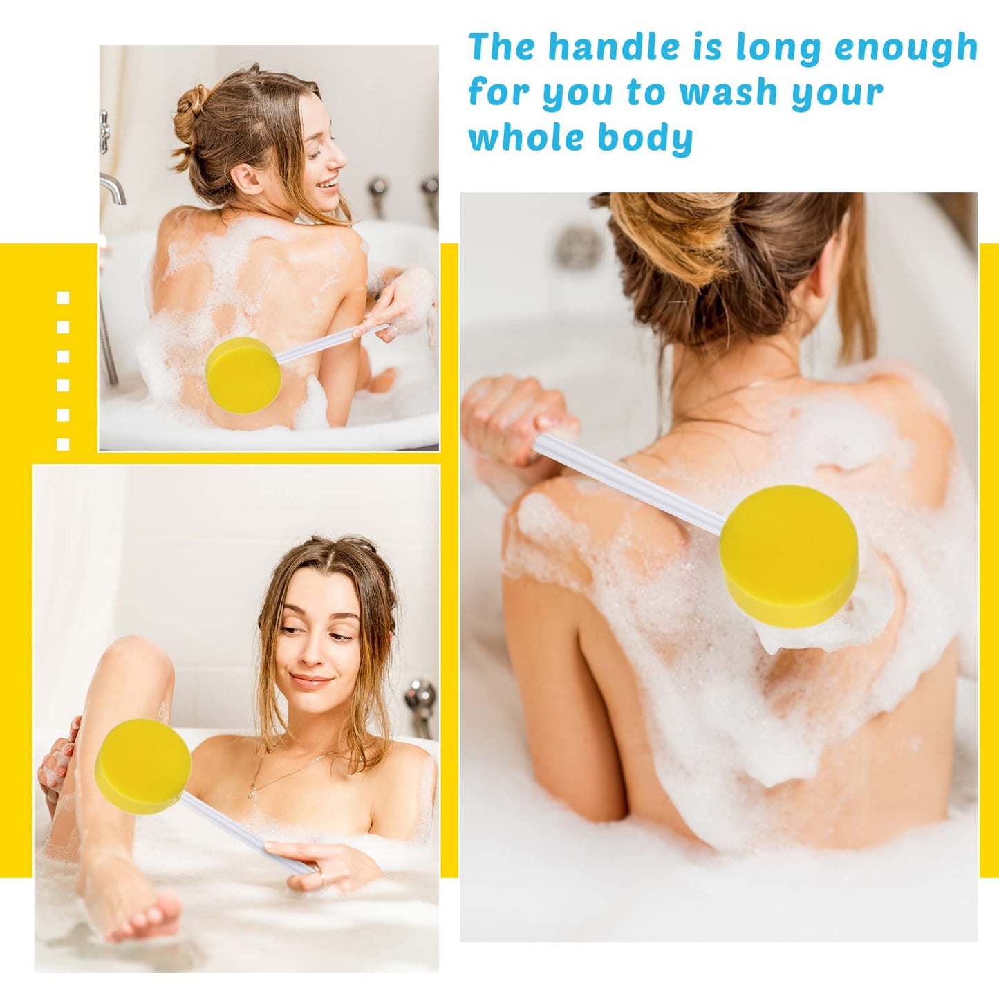 Yetene 3 Pcs Long Handle Bath Sponge 22.4'' Back Sponge on a Stick Lightweight Back Washer Handled Butt Scrubber Shower Brush for Foot Body Cleaning Bathing Limited Motion, Yellow(Round Style)