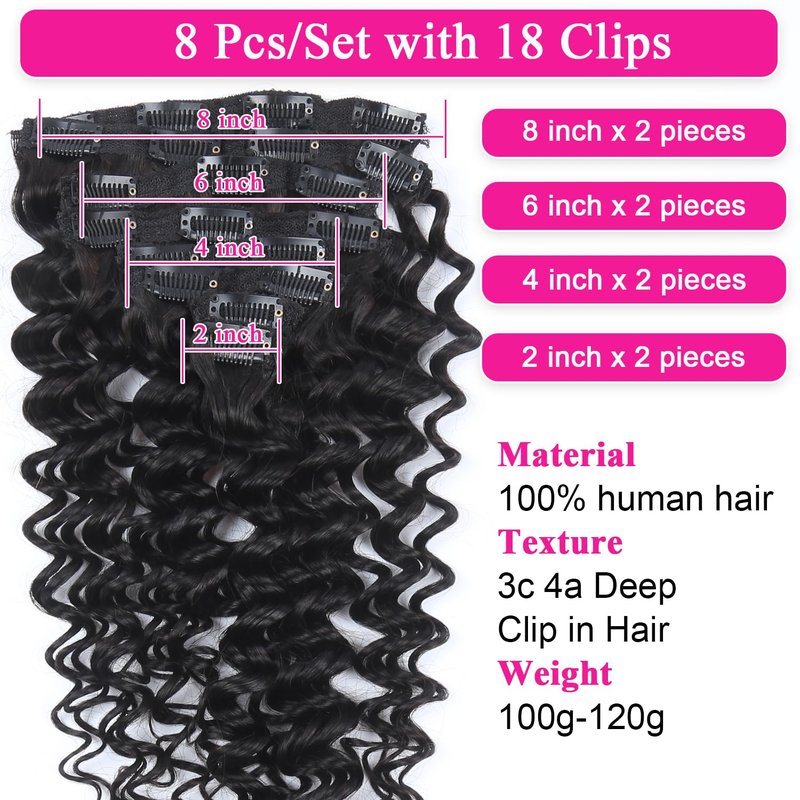 Deep Wave Clip in Hair Extensions Real Human Hair 16 Inch Deep Curly Clip ins for Women Invisible Seamless Remy Human Hair Clips in Extensions 8pcs 100g/3.5oz 20 Clips Double Weft Natural Black