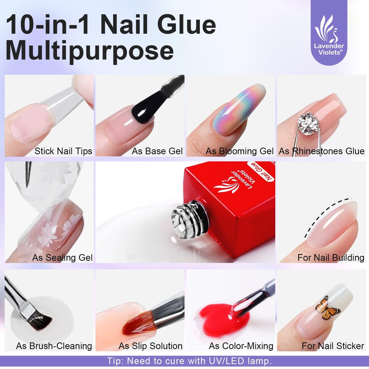 10-in-1 Gel Nail Glue & Prep Dehydrator Set - Long Lasting Adhesive for Acrylic & Press-On Nails | 15ml