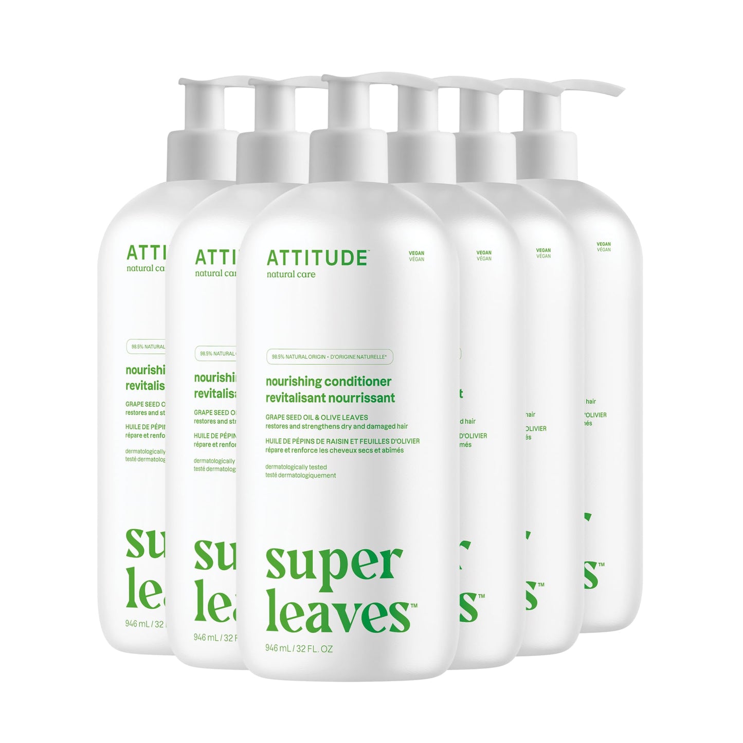 ATTITUDE Nourishing Hair Conditioner, For Dry and Damaged Hair, Naturally Derived Ingredients, Vegan Detangler, Dermatologically Tested, Grapeseed Oil and Olive Leaves, 32 Fl Oz (Pack of 6)