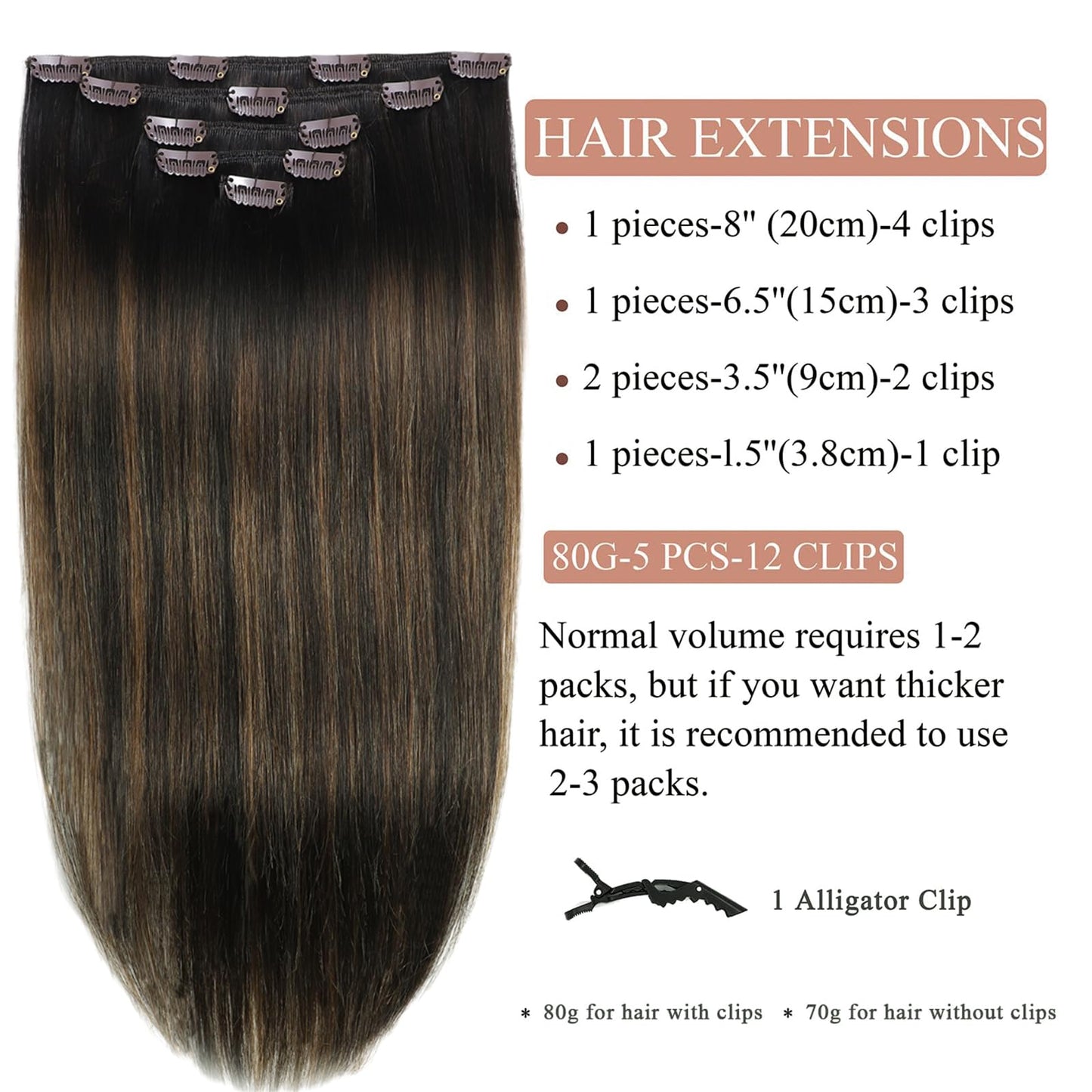 Clip in Hair Extensions Real Human Hair 20 Inch Straight Human Hair Clip in Extensions Balayage Dark Brown to Chestnut Brown Remy Hair Extensions Clip ins for Women 80g/5pcs